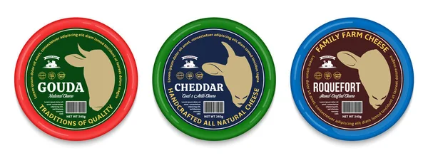 矢量奶酪圆形标签和包装设计模板 羊和山羊图标 — 图库矢量图片