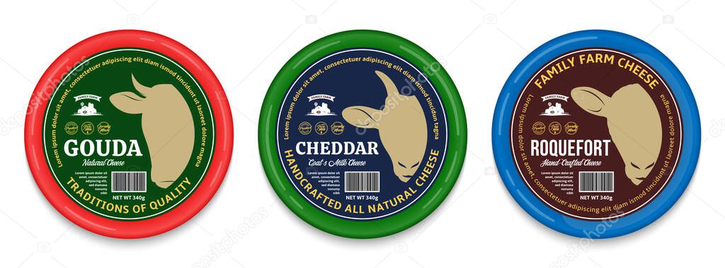 Vector cheese round labels and packaging design templates. Cow, sheep and goat icons