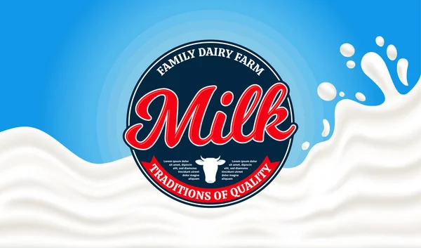 Vektormilch Runde Etikettenschablone Milk Splash Vector Illustration Auf Blauem Hintergrund — Stockvektor