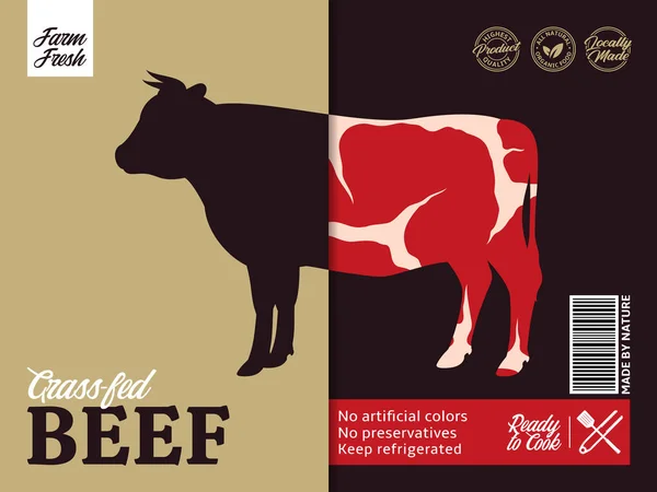 Imballaggio Progettazione Etichette Manzo Vettoriale Toro Silhouette Carne Beefsteak Sfondo — Vettoriale Stock