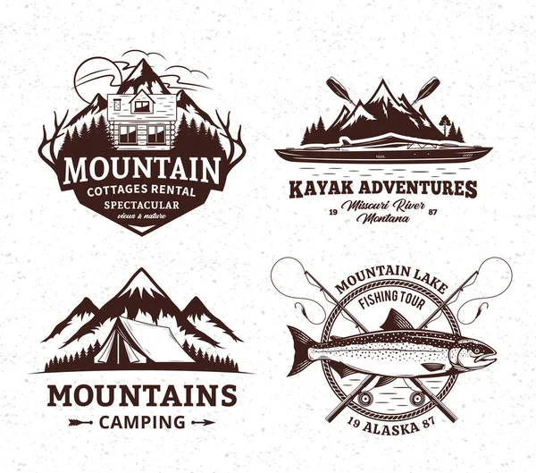 Vector mountain and outdoor active recreation and tourism badges. Mountain camping, cottage rental, kayaking and fishing illustrations
