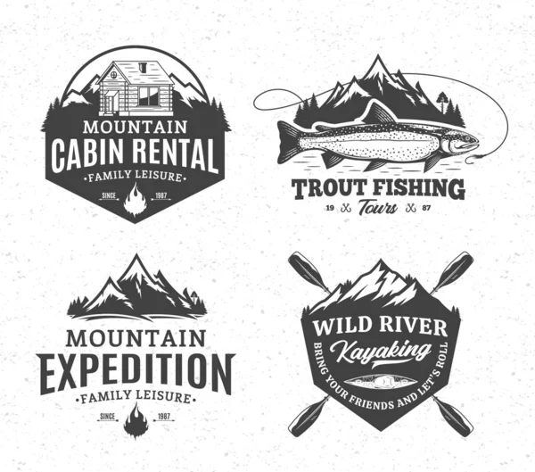 Vector Góry Odkryty Aktywnego Wypoczynku Turystyki Odznaki Podróże Górskie Wynajem — Wektor stockowy
