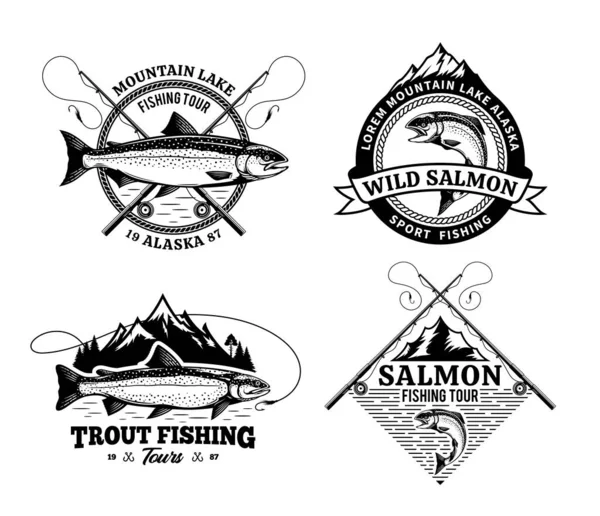 矢量捕鱼徽章与详细的鱼 杆子和山 钓鱼比赛 游览和营地图解 — 图库矢量图片