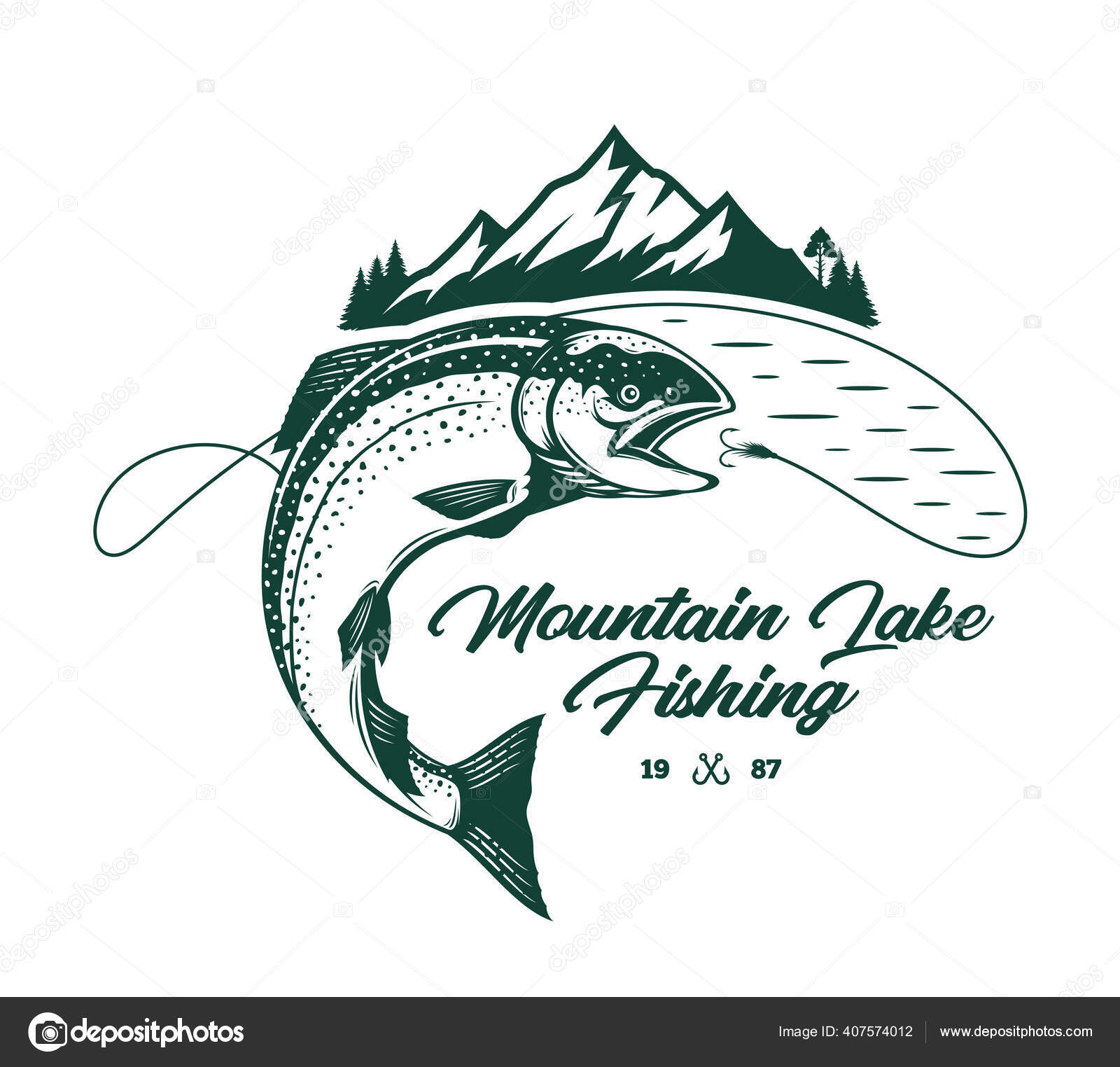 Vector Fishing Illustration Salmon Fish Fishing Line Hook Mountains Fishing  Stock Vector by ©Counterfeit 407574012