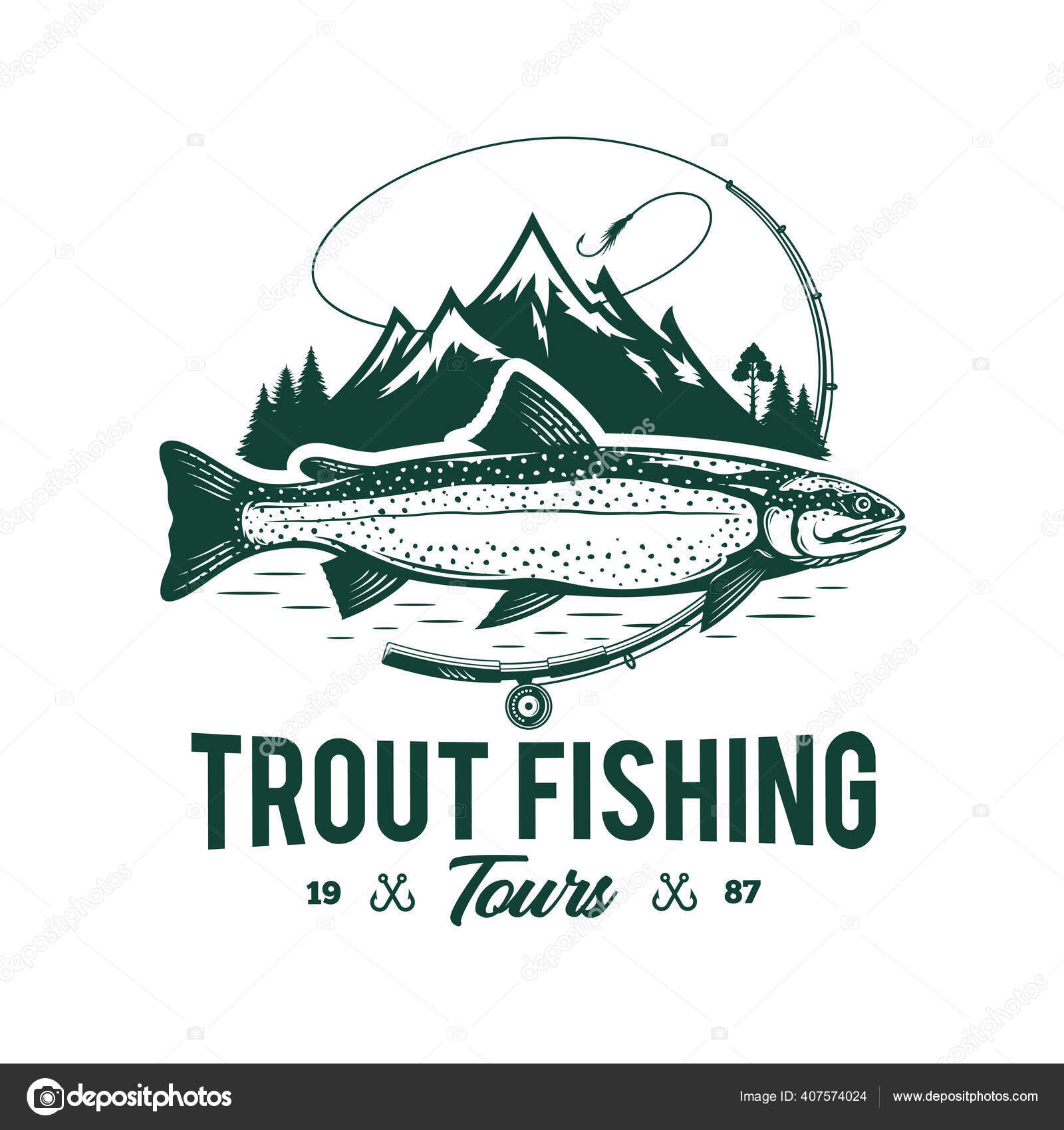 Vector Fishing Logo Trout Fish Fishing Rod Line Hook Mountains