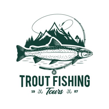 Vector fishing logo with trout fish, fishing rod, line, hook, and mountains. Fishing tournament, tour, and camp illustrations clipart