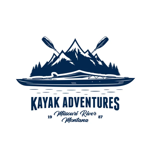 Logo Vector Mountain River Kayak Adventures Con Barca Pagaie Silhouette — Vettoriale Stock