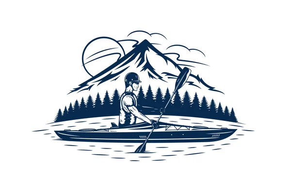 Homem Caiaque Montanha Lago Vetor Ilustração Esportes Aquáticos Conceito Design —  Vetores de Stock