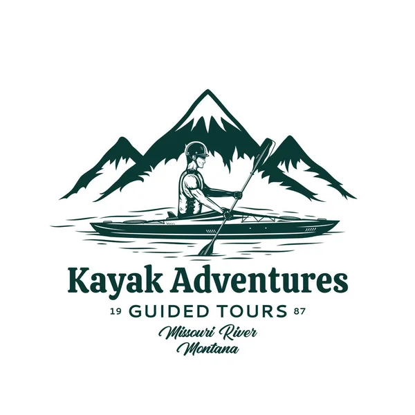 Vector Mountain River Kayak Adventures Logo Sport Acquatici Kayak Concetto — Vettoriale Stock
