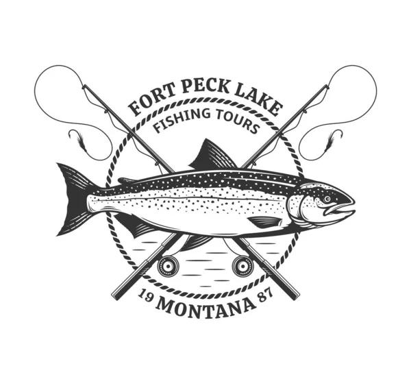 Modello Logo Pesca Vettoriale Con Pesci Salmone Canne Pesca Lenze — Vettoriale Stock