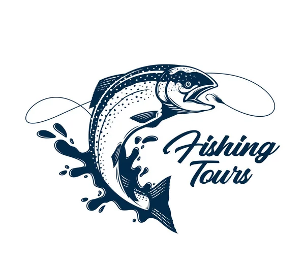 Logo Los Tours Pesca Vectorial Con Salmón Línea Pesca Anzuelo — Vector de stock