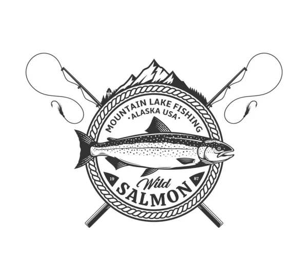 Vettoriale Modello Logo Pesca Lago Montagna Con Pesci Salmone Canne — Vettoriale Stock