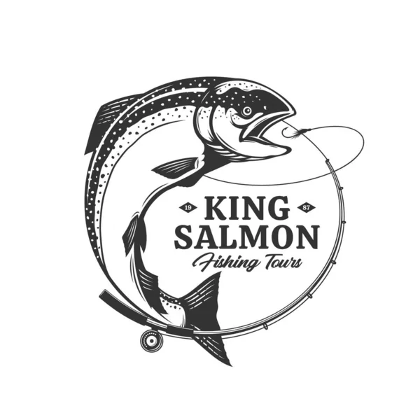 Logotipo Pesca Vectorial Con Salmón Caña Pescar Línea Anzuelo Torneo — Vector de stock