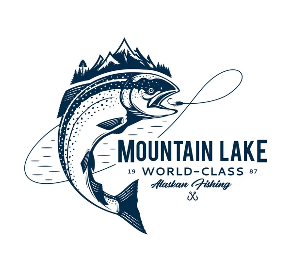 Logotipo Pesca Del Lago Montaña Vectorial Con Peces Salmón Línea — Vector de stock