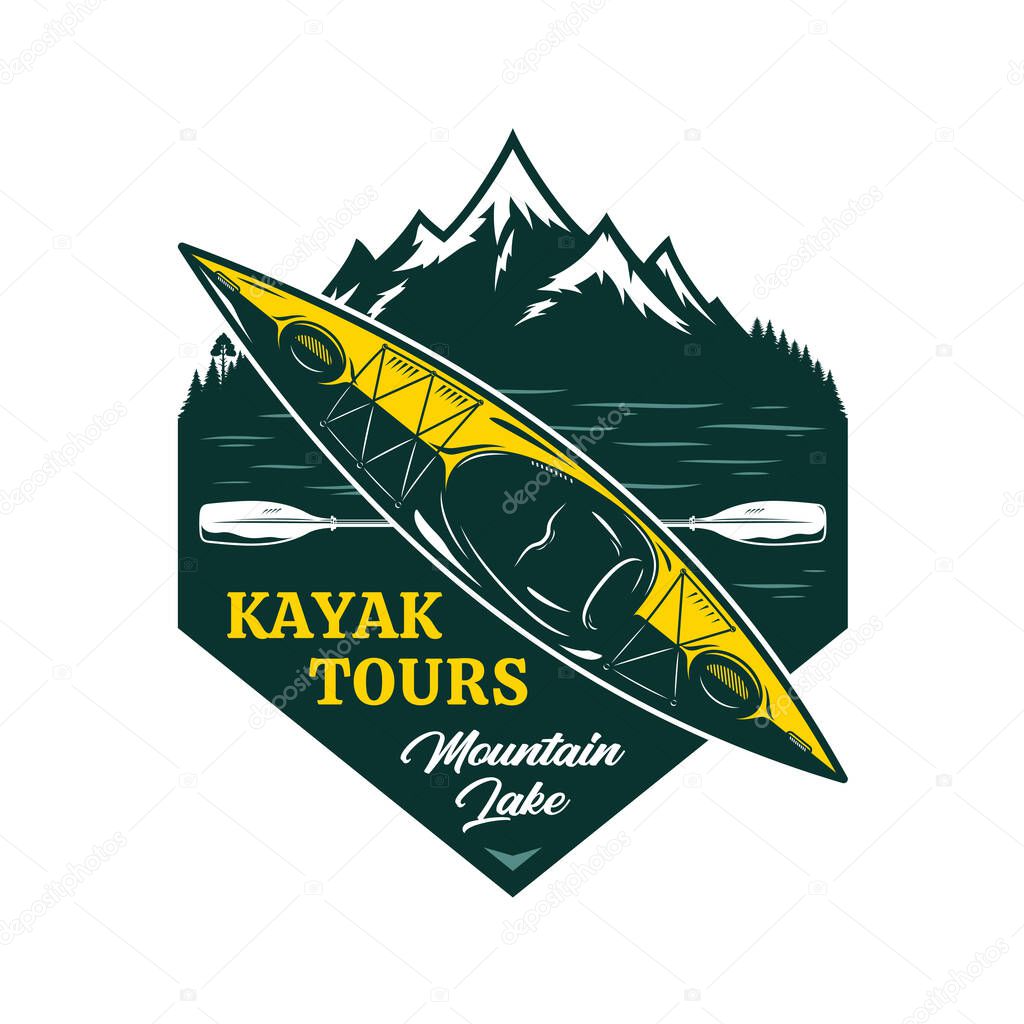 Vector kayak tours logo with boat, paddle, and mountain. Water sport and kayaking badge design concept