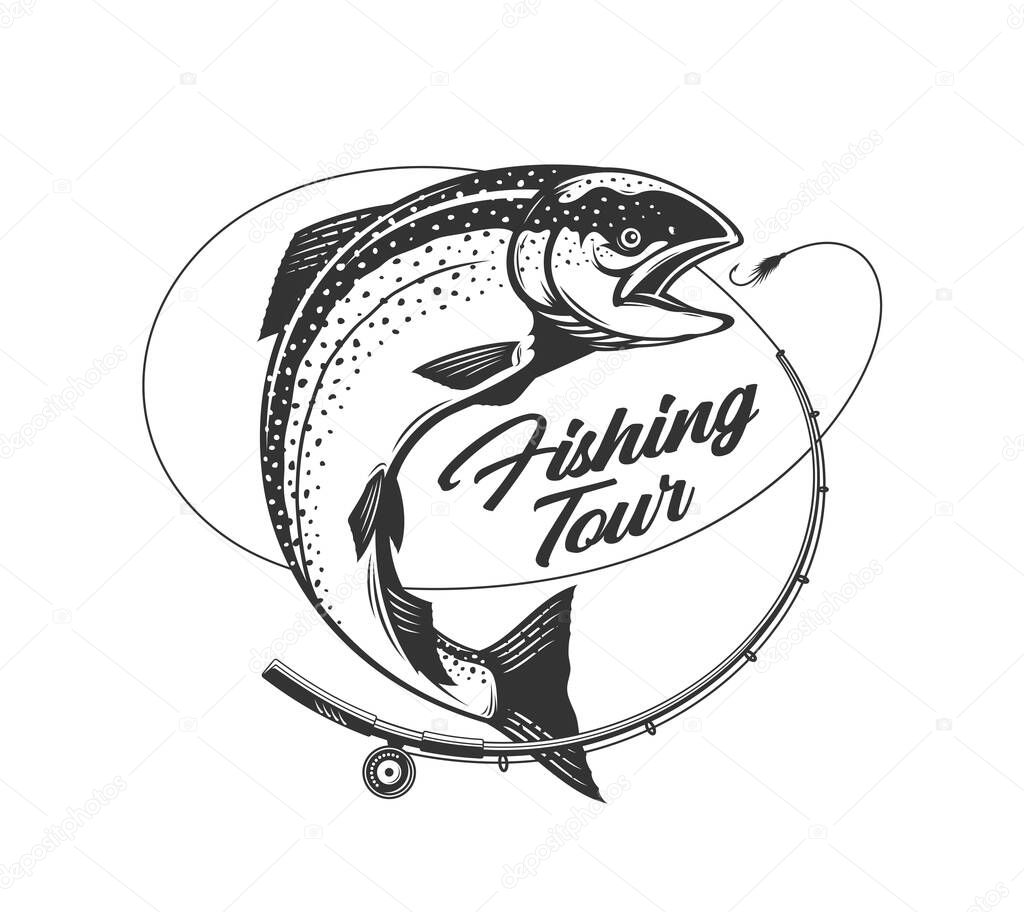 Vector fishing tour logo with salmon fish, fishing rod, line, and hook. Fishing tournament, tour, and camp illustrations