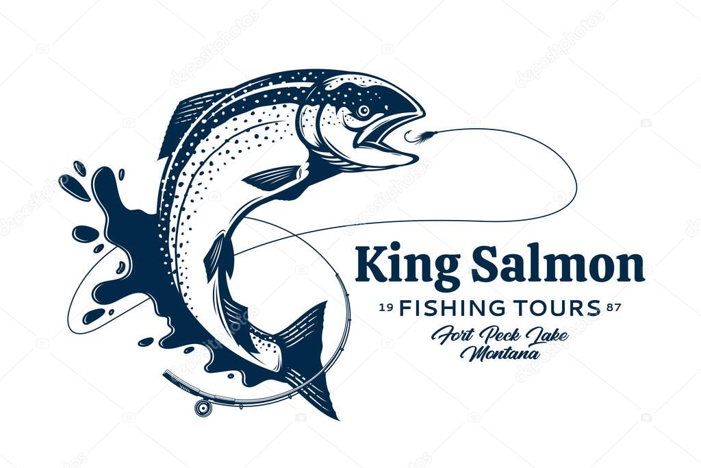 Vector fishing logo with salmon fish, fishing rod, line, hook, and water splash. Fishing tournament, tour, and camp illustrations