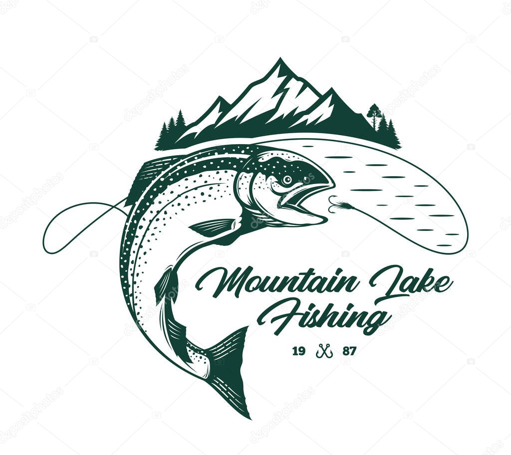 Vector fishing illustration with salmon fish, fishing line, hook, and mountains. Fishing tournament, tour, and camp illustrations
