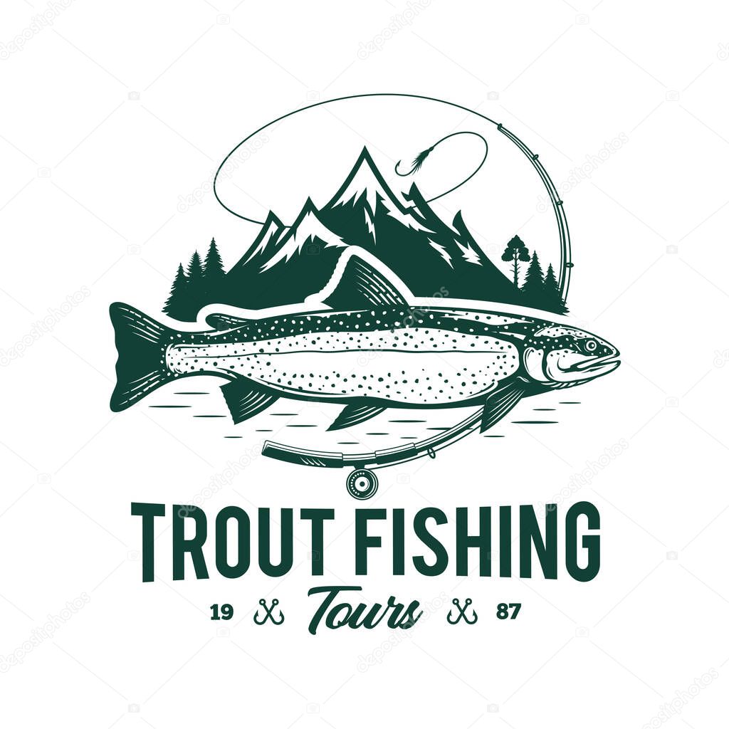 Vector fishing logo with trout fish, fishing rod, line, hook, and mountains. Fishing tournament, tour, and camp illustrations