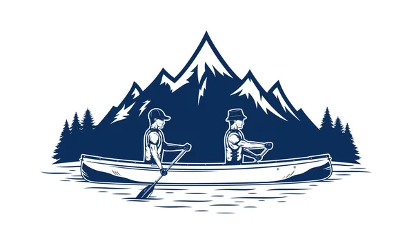 Twee Mannen Kanoën Bergmeren Vector Illustratie Ontwerp Van Watersport Kanoën — Stockvector