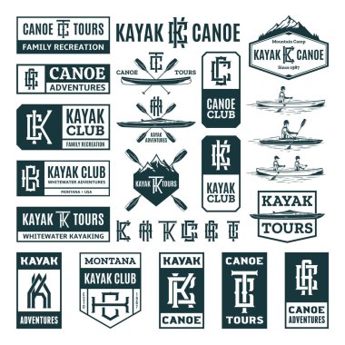 Bir dizi vektör kano ve kano logosu, rozetler ve tasarım elementleri. Su sporu, eğlence, kano, kano, rafting tasarımı konsepti