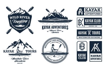 Bir dizi vektör kano logosu, rozetler ve tasarım elementleri. Su sporu, eğlence, kano, kano, rafting tasarımı konsepti