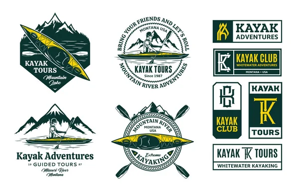 Conjunto Vectores Kayak Logotipo Insignias Elementos Diseño Conceptos Diseño Deportes — Vector de stock