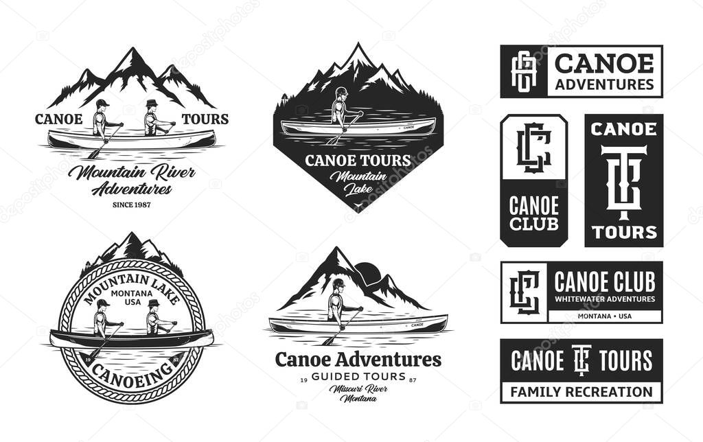 Set of vector canoeing logo, badges and design elements. Water sport, recreation, canoeing, kayaking, rafting design concept
