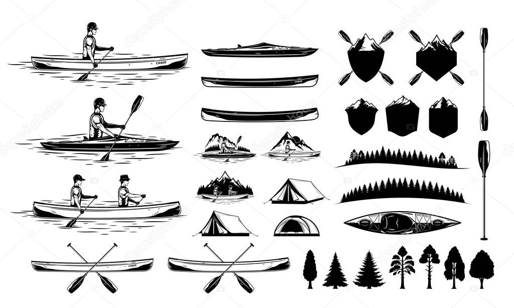 Set of vector kayaking and canoeing illustrations and design elements. Water sport and recreation illustrations and icons