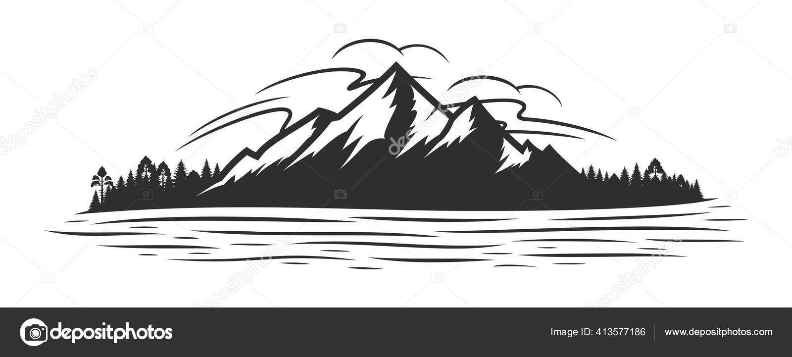 Siluet Gunung Vektor Hutan Konifer Dan Silau Danau Gunung Atau Stok Vektor C Counterfeit 413577186