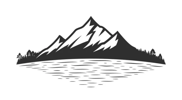 Vektorová Hora Silueta Jehličnatý Les Blízkosti Horského Jezera Nebo Řeky — Stockový vektor