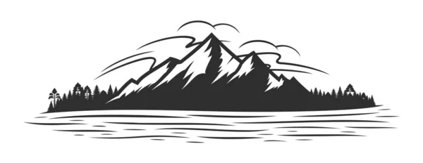 Vector Silueta Montaña Bosque Coníferas Deslumbramiento Lago Montaña Río — Vector de stock