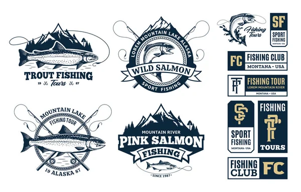 Logotipo Pesca Vetorial Ilustrações Torneio Pesca Passeios Acampamentos Emblemas —  Vetores de Stock