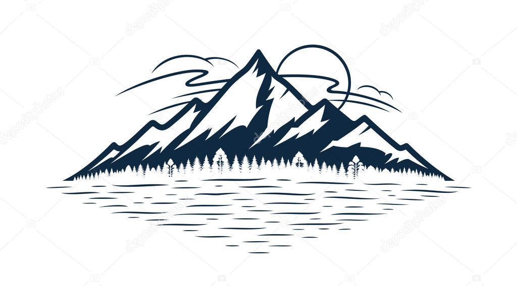 Vector mountain silhouette and coniferous forest with clouds, sun and glare on the lake or river