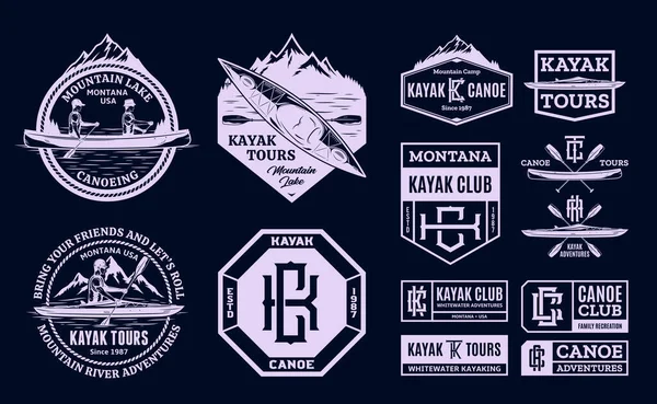 Vector canoe and kayak logo, badges and design elements. Water sport, recreation, canoeing and kayaking illustrations