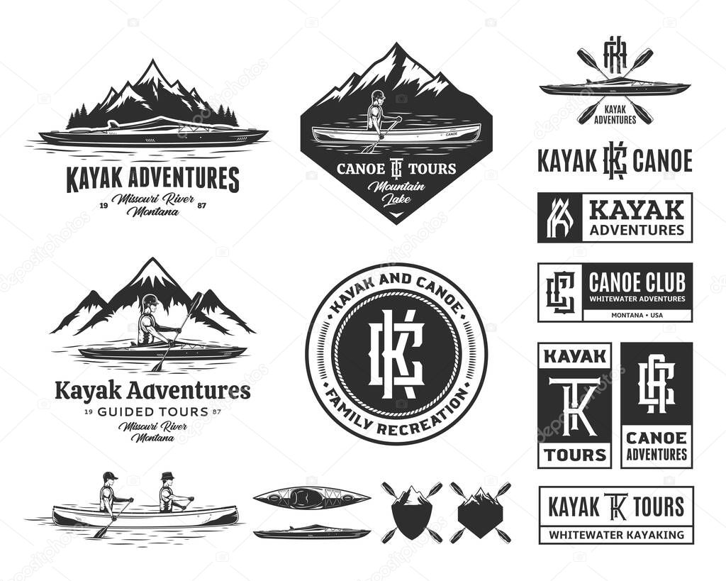 Set of vector canoeing and kayaking logo, badges and design elements. Water sport, recreation, canoeing and kayaking design concepts