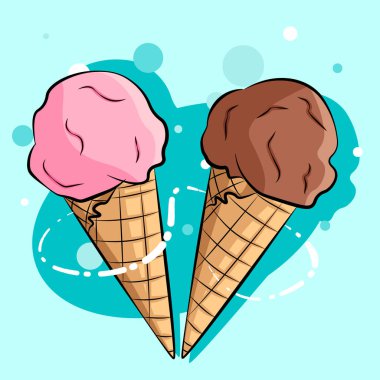 Waffle külahında dondurma, çikolata ve çilek. Restoranlar, reklamlar, menüler veya davetiyeler için konsept kullanım için karikatür ve düz koku topları hoş vektör çizimleri.