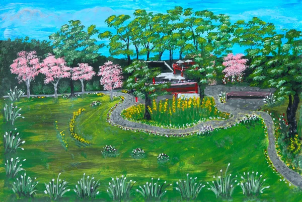 Oil painting on canvas of small rural home nestled in a Chinese garden
