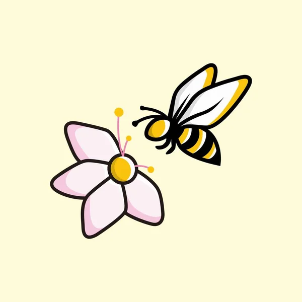 Cute Bee Alighting Flower Cartoon — Stock Vector