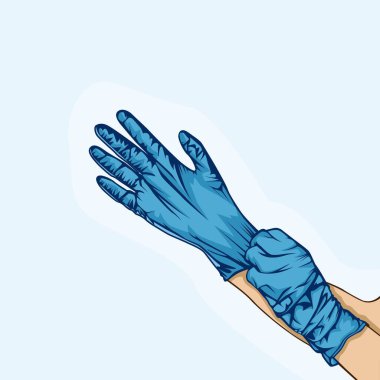 Mavi renk vektörlü lastik eldiven takan bir el.