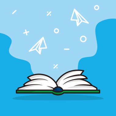 Kağıt uçak simgesi arkaplan tasarım vektörlü kitap karikatürü çizimi