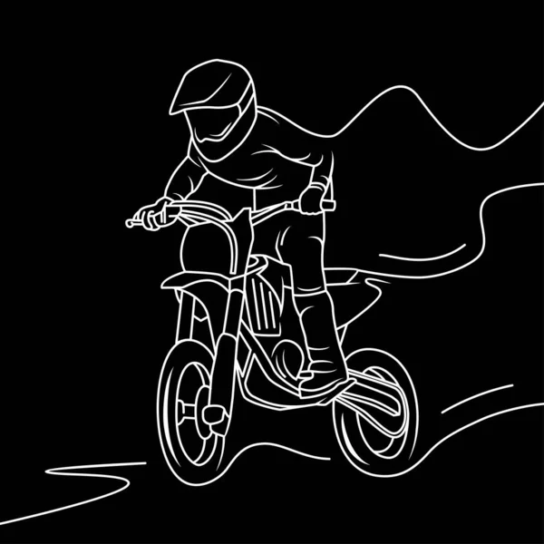 白いラインアートのモトクロスダートバイクイラストと黒の背景ベクトル — ストックベクタ