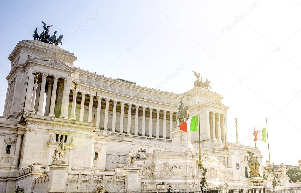 National Monument the Vittoriano or Altare della Patria, Altar of the Fatherland, in Venezia square, one of the Italian and Rome patriotic symbols, located on the Campidoglio hill in Rome