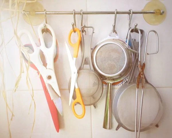 Group Kitchen Tools Hanging Wall Sunny Room — Stock Photo, Image