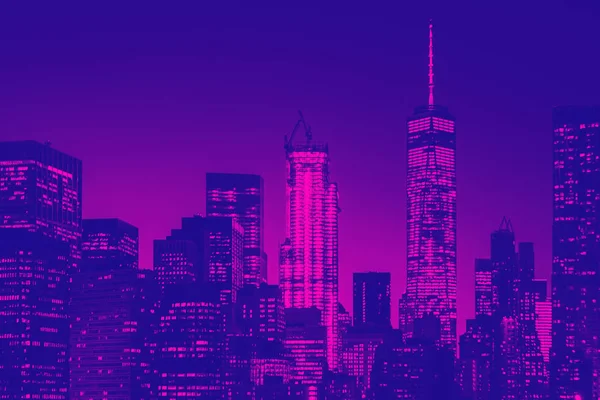 Night view of lower Manhattan skyline in New York. Blue and purple duotone effect