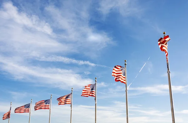 Un grupo de banderas americanas ondeando en un día soleado . — Foto de Stock