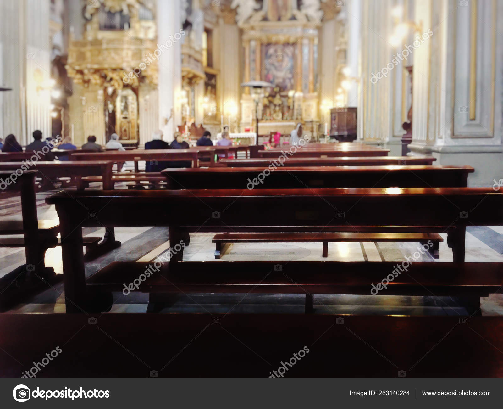 Wooden Benches Sit Baroque Catholic Church Liturgy Concept