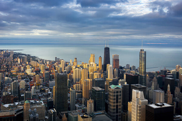 Panoramic view of Chicago during a sunset. Travel destination. Lake Michigan in the background