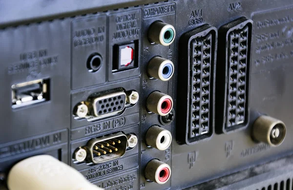 Rear panel of a television with sockets for audio / video, scart connections and for rgb video input for the monitor. Technology and connections between devices