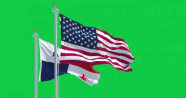 The national flags of Panama and the United States flying together isolated on green background. Seamless 3D render animation. Chroma key. Slow motion loop. Green screen. 4K. Selective focus